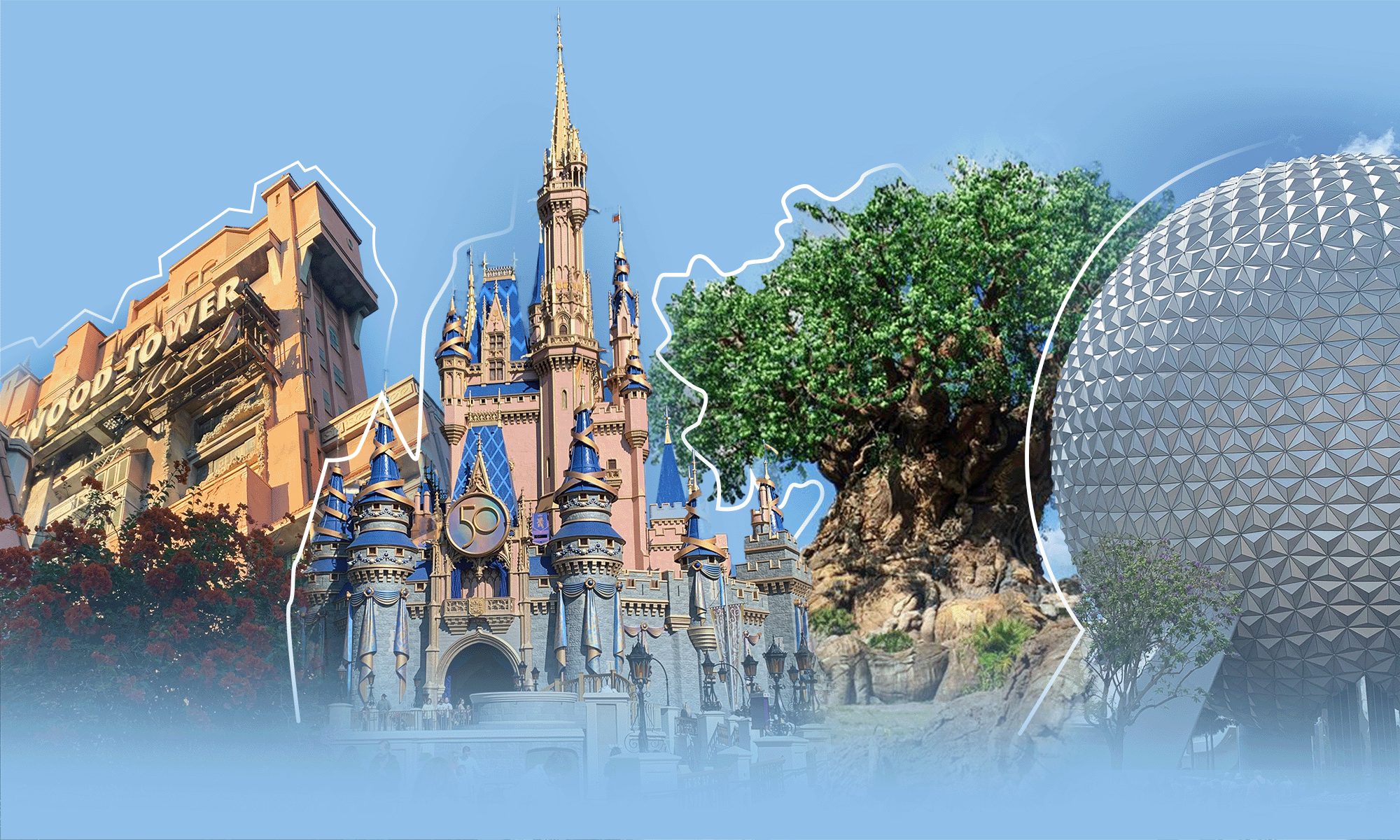 four disney parks icons with a blue background